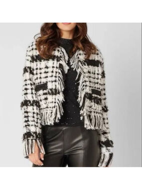 ADRIENNE LANDAU Black White Tweed Fringe Jacket M nwot